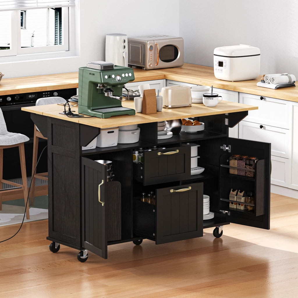 Carrello da cucina con 2 ante; 2 cassetti; vani aperti; piano ribaltabile; prese e portaasciugamani; in MDF; 120 x 40-60-80 x 92 cm; nero e naturale
