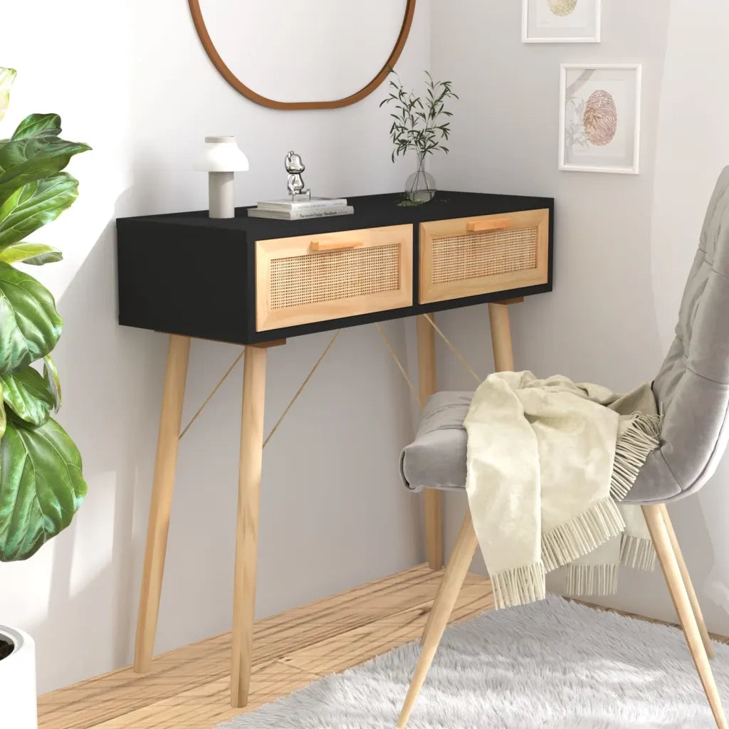 Tavolo Consolle | Tavolo d'Ingresso Nero 80x30x75cm Massello Pino e Rattan Naturale