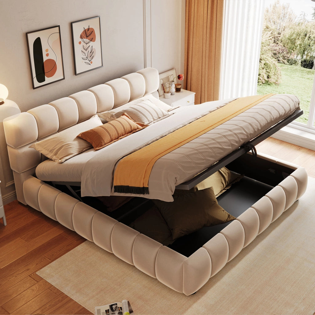 Letto Contenitore 140 x 200 cm; testiera imbottita; contenitore idraulico in Velluto Beige