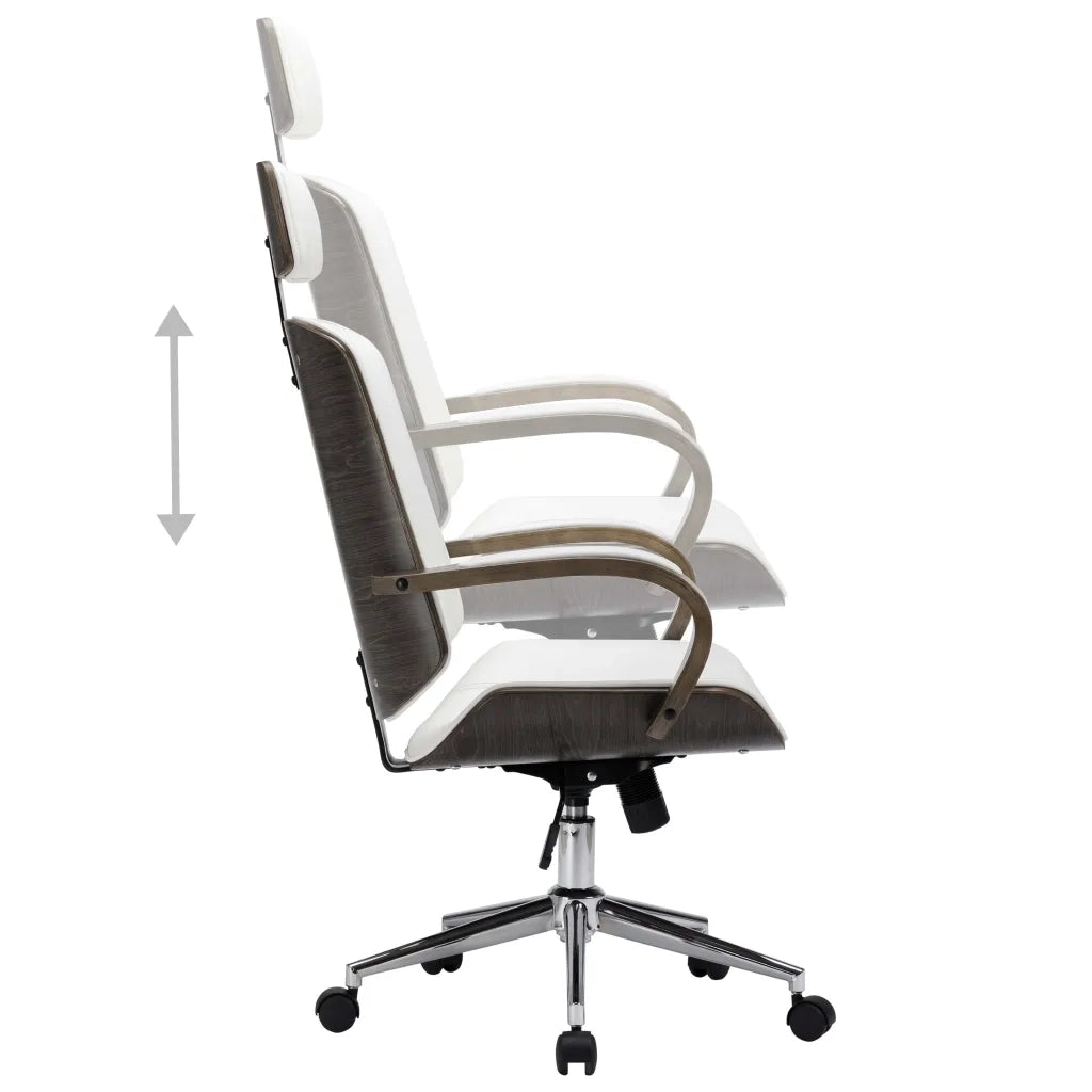 Sedia Girevole con Poggiatesta Bianca Similpelle Legno Curvato 283135