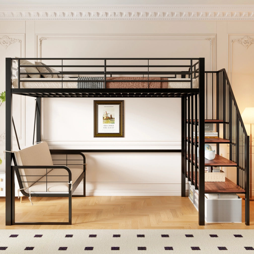 Letto a castello 140 × 200 cm con divano imbottito rimovibile, scala contenitore, senza materasso, nero