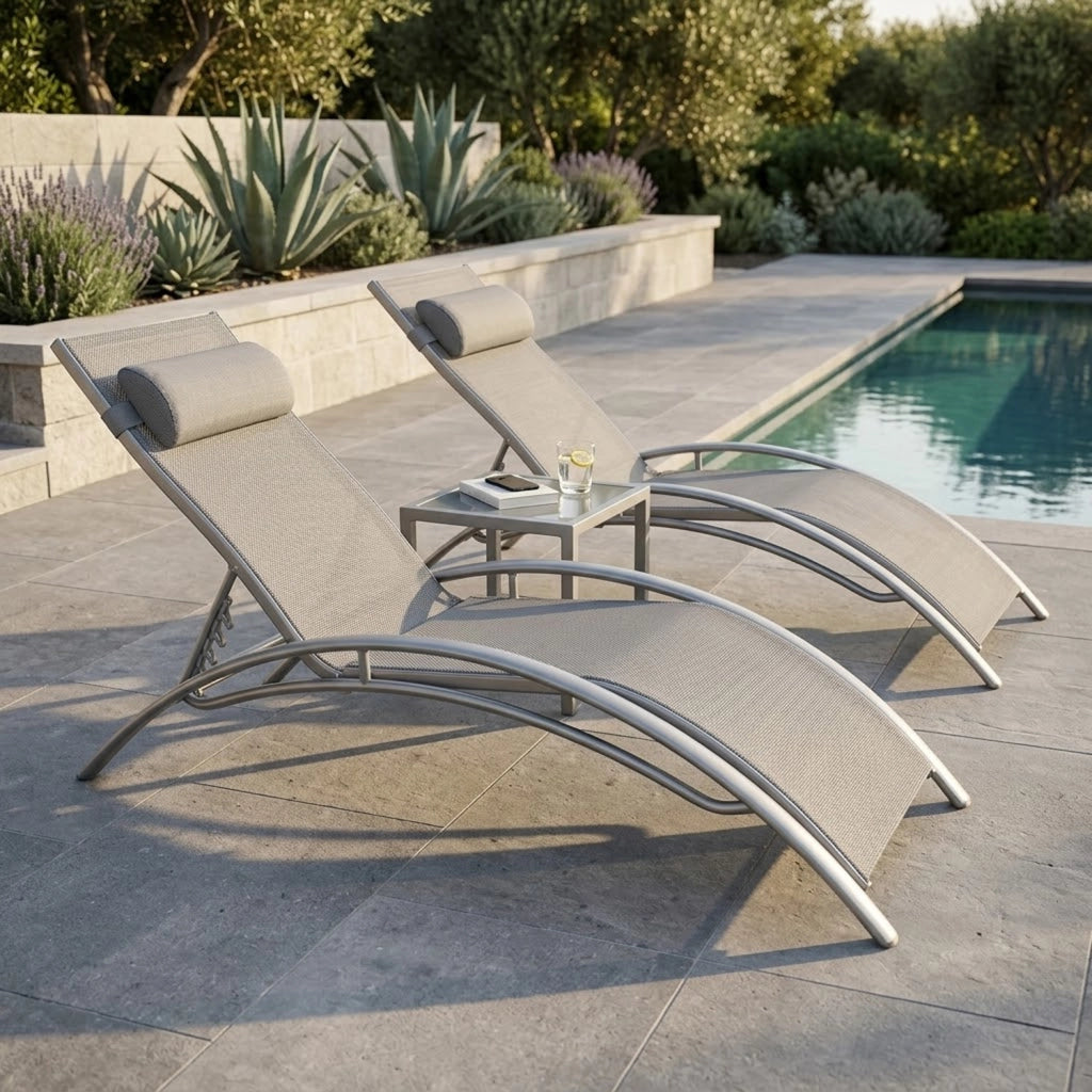 Set 2 Lettini Prendisole Reclinabili Per Giardino Con Schienale Regolabile 5 Posizioni Tessuto Traspirante Per Piscina Terrazza Outdoor 59 x 158 x 81.5 Cm Grigio