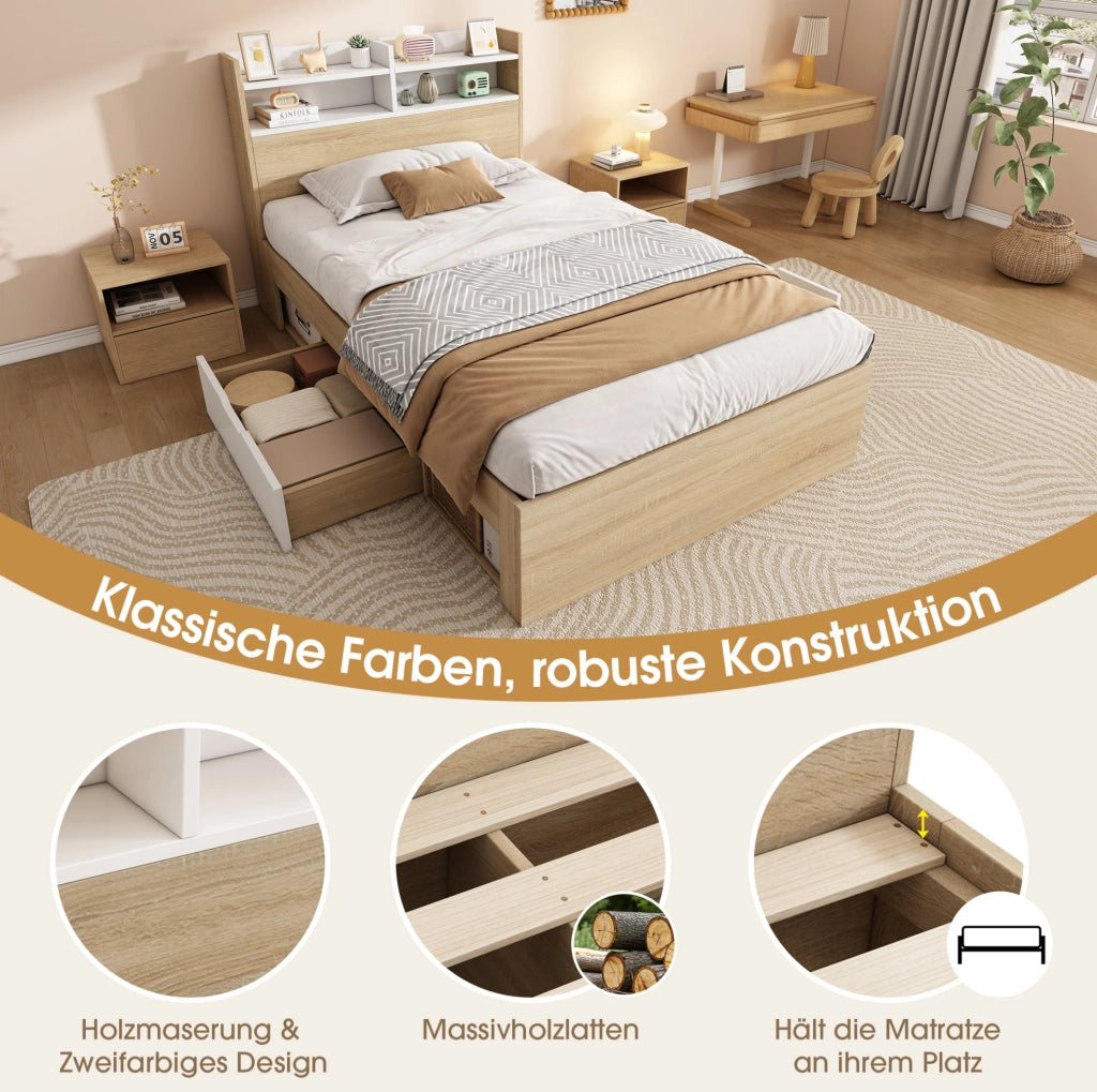 Letto singolo con contenitore 90x190 cm bianco e rovere; testiera con ripiani e 2 cassetti