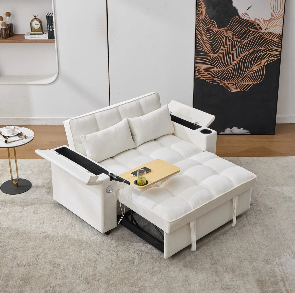 Divano letto pieghevole beige con USB, Type-C e tavolino