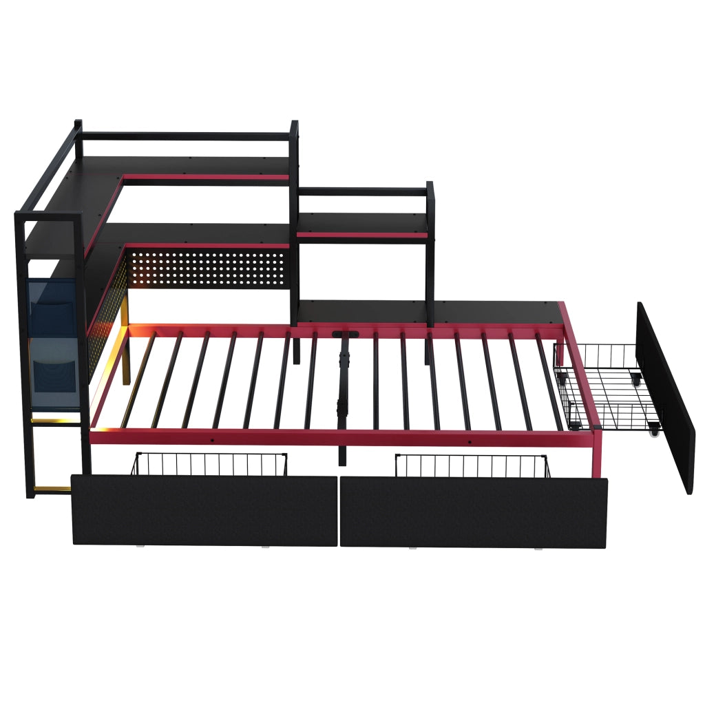 Letto con Cassetti e LED in Metallo ¨C MINIMAL ¨C Nero, con Rete, USB e Pannello Forato