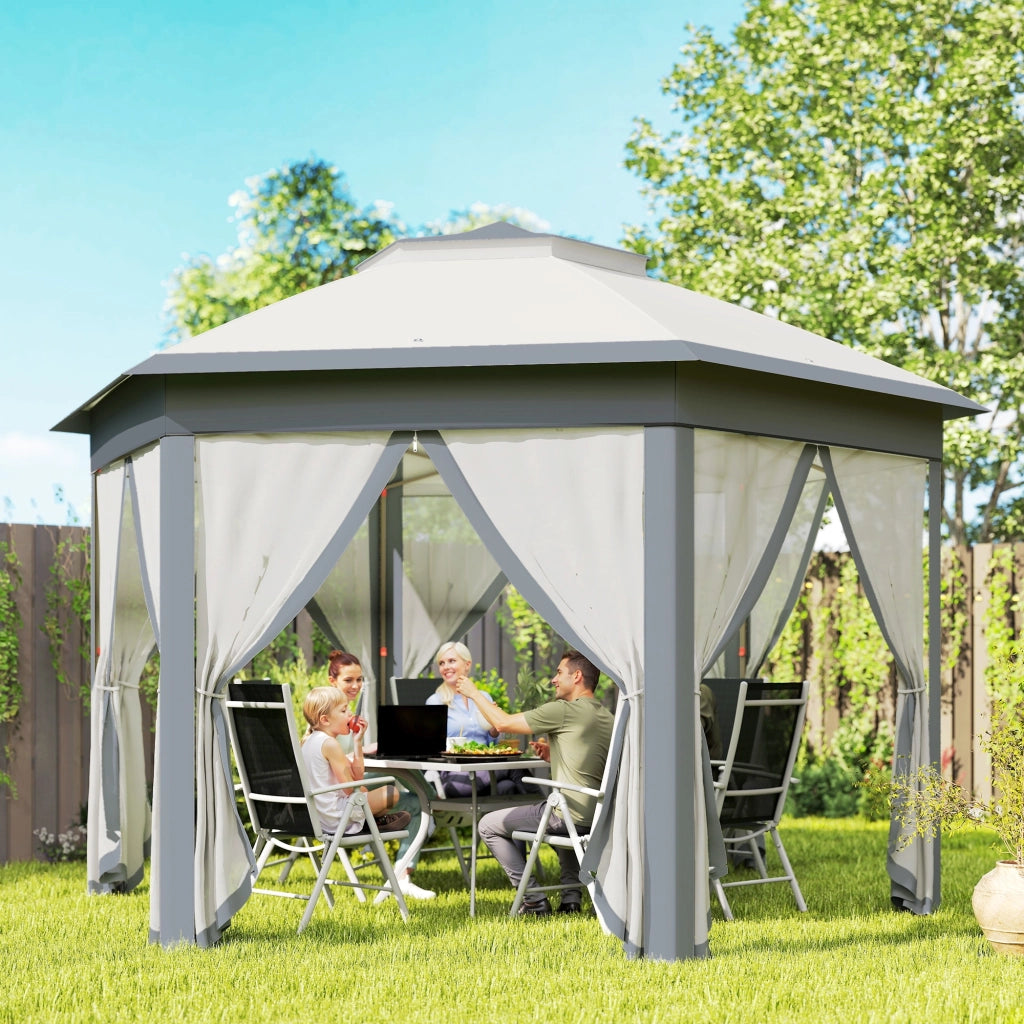 Gazebo Pieghevole 4x3,4m ¨C Xylo ¨C Doppio Tetto 6 Zanzariere Rimovibili Anti-UV Grigio
