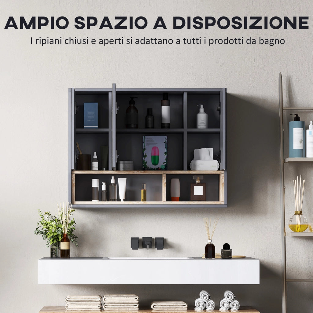 Specchiera Bagno con Armadietto e Ante Ammortizzate ¨C zephmum ¨C Grigio 80x20x60 cm