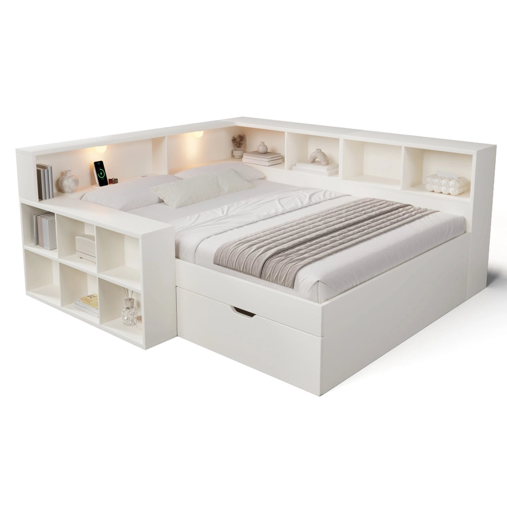 Letto matrimoniale 140x190 cm contenitore con cassetti; prese USB e USB-C; legno bianco