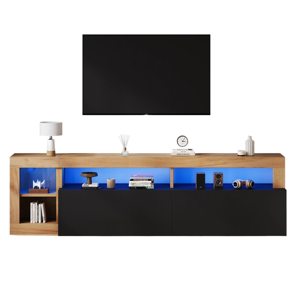 Mobile TV moderno in truciolato con illuminazione LED, colore nero e finitura effetto legno, 184 x 42 x 58 cm, per TV fino a 80 pollici