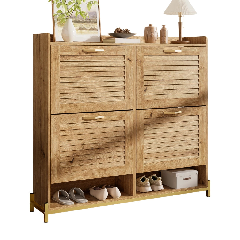 Scarpiera salvaspazio con 4 ante; 108;5 x 24 x 100 cm; in MDF effetto legno con base in metallo