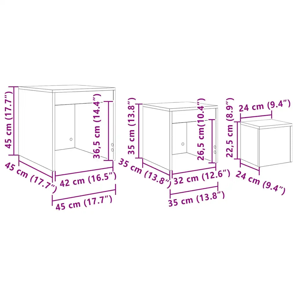 vidaXL Tavolini da salotto 3 pcs Rovere nero 45 x 45 x 45 cm