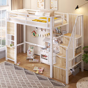 Letto a soppalco 90x200 cm in MDF e metallo; bianco; con scala contenitore e area gioco