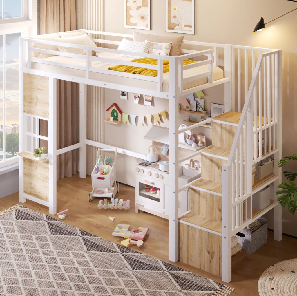 Letto a soppalco 90x200 cm in MDF e metallo; bianco; con scala contenitore e area gioco