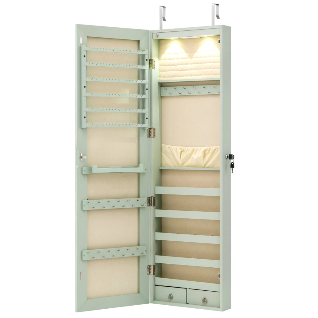 Armadio portagioie con specchio in legno a parete con LED interno 35,5x10x120cm Verde chiaro-Armadietti per gioielli
