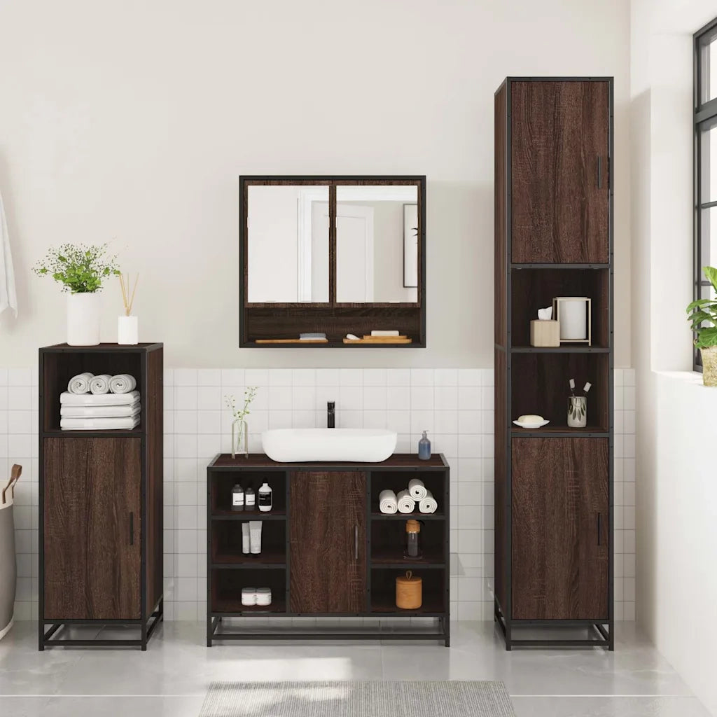 Set Mobili da Bagno 3 pz Rovere Marrone in Legno Multistrato