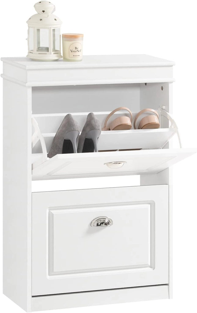 Scarpiera Salvaspazio Slim Mobiletto da Ingresso con 2 Ante a Ribalta, Armadio Portascarpe Scarpiera Legno Moderna per Ingresso, Corridoio o Camera da Letto 54x24x83cm Bianco FSR78-W