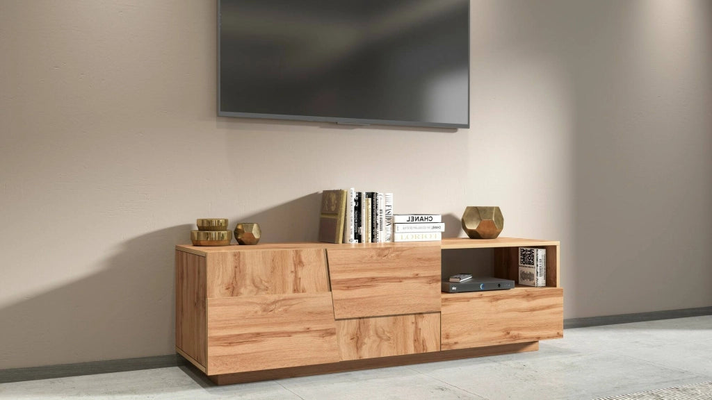 Mobile porta TV Cecia, Credenza bassa da soggiorno con 2 ante e 1 cassetto, Base porta TV, 150x44h46 cm, Rovere