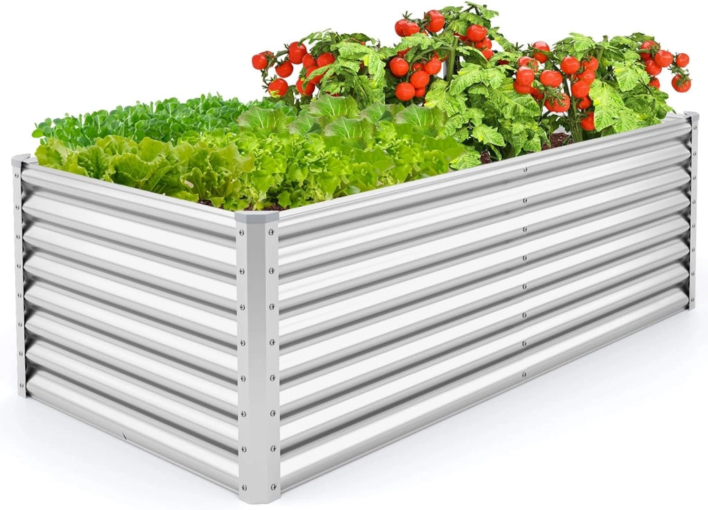 Letto da Giardino Rialzato in Metallo, Orto Rialzato con Design a Fondo Aperto, Protettori d'Angolo Rinforzati, Aiuola Rialzata da Esterno per Verdure, Fiori e Erbe Aromatiche (Grigio)