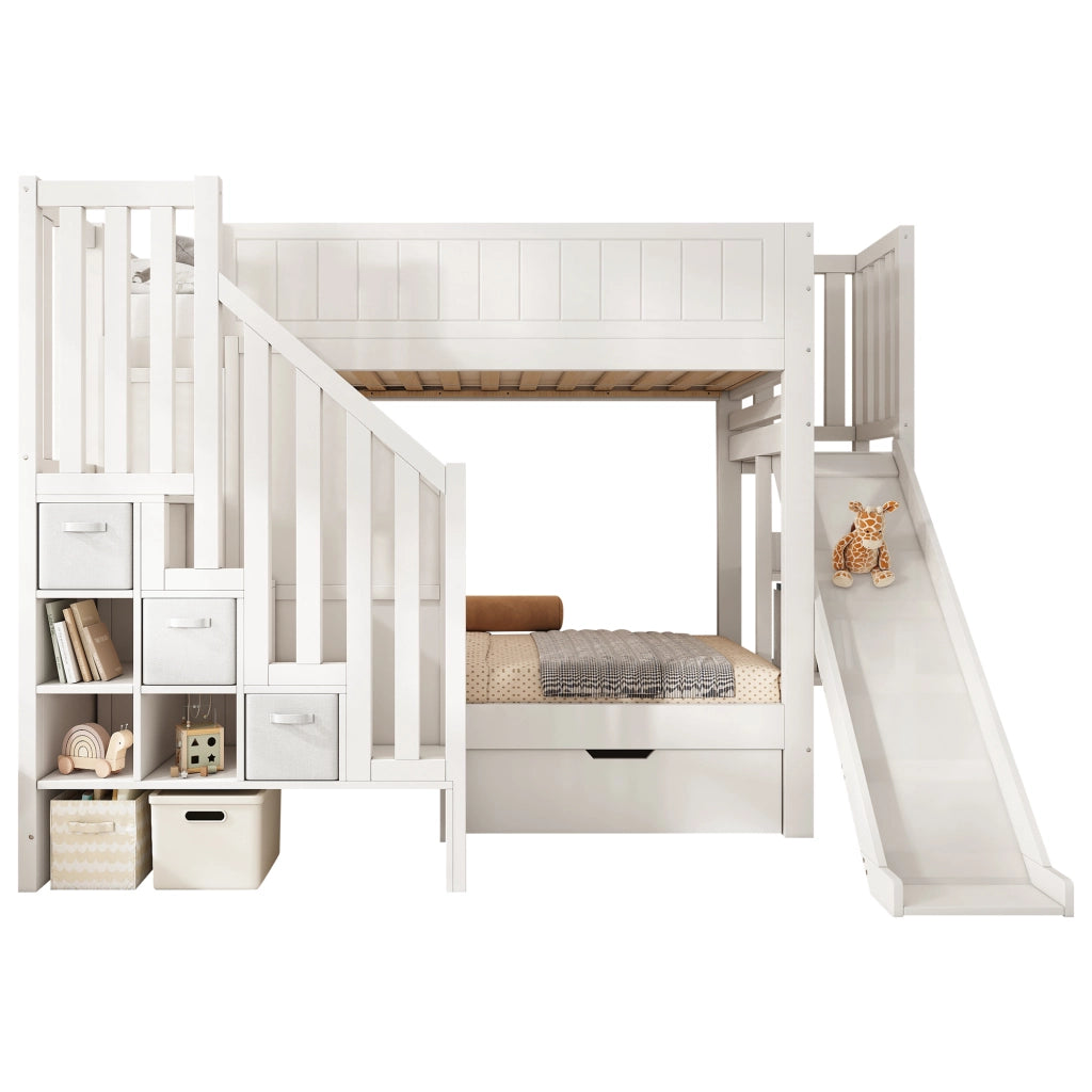 Letto a castello 90×200 cm e 90×200 cm con scivolo; armadio scala; cassetti e ripiani; senza materasso; bianco