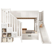 Letto a castello 90×200 cm e 90×200 cm con scivolo; armadio scala; cassetti e ripiani; senza materasso; bianco