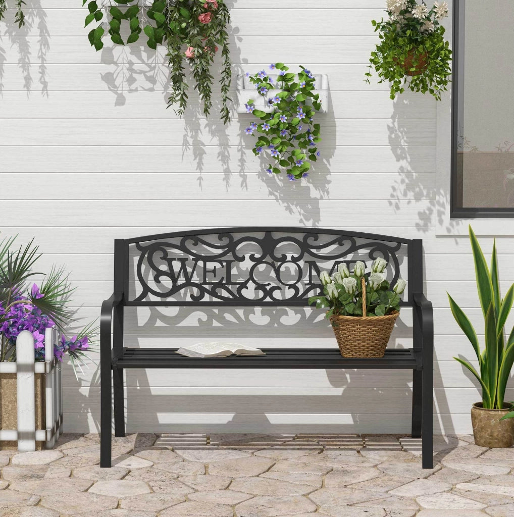Panchina da giardino 2 posti 127x60x87 cm in ferro con scritta WELCOME; nera