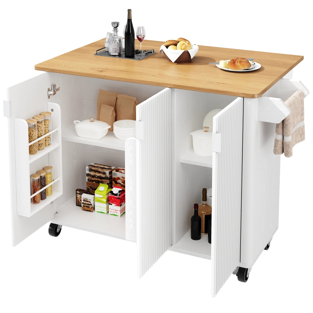 Isola da cucina con 3 ante; ripiani regolabili e ruote - per cucina - in MDF - 130×45(75)×92 cm - bianco