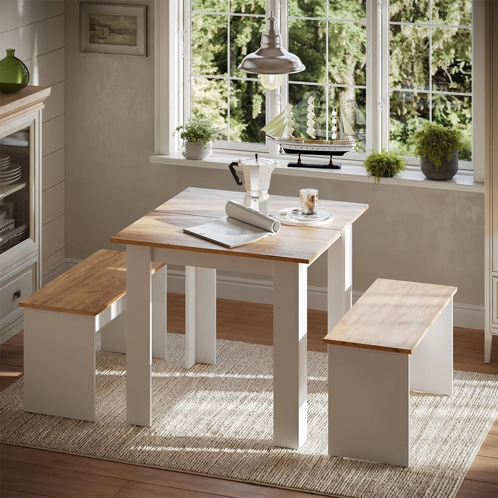 Set da pranzo Sentio, Quercia dorata/bianco, 80 x 80 cm con 2 panche, salvaspazio per zona pranzo e angolo colazione