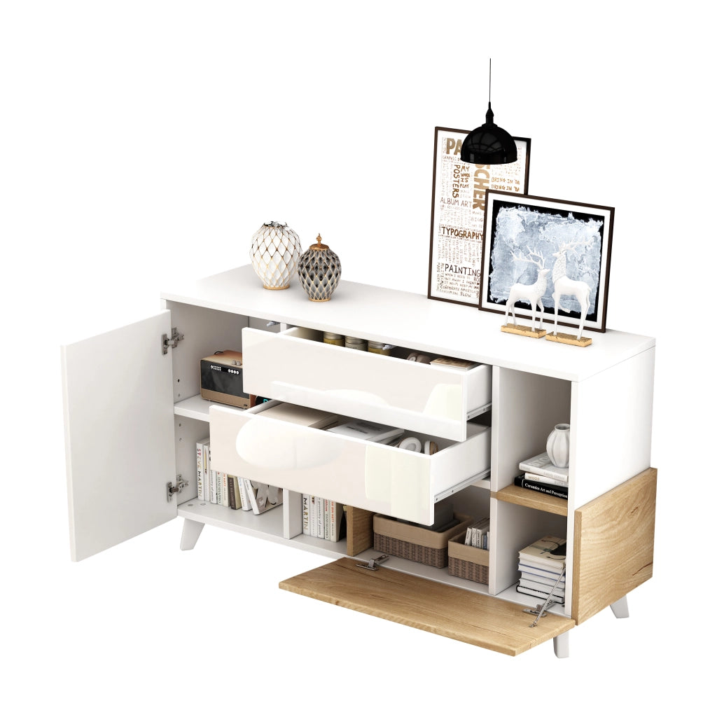 Credenza con 2 ante; 2 cassetti e ripiano regolabile per soggiorno 130x40x70 cm bianco rovere chiaro