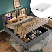 OKWISH Letto Contenitore 140 × 200 cm, Letto Matrimoniale con USB, Luce da Lettura e Vano, con Materasso