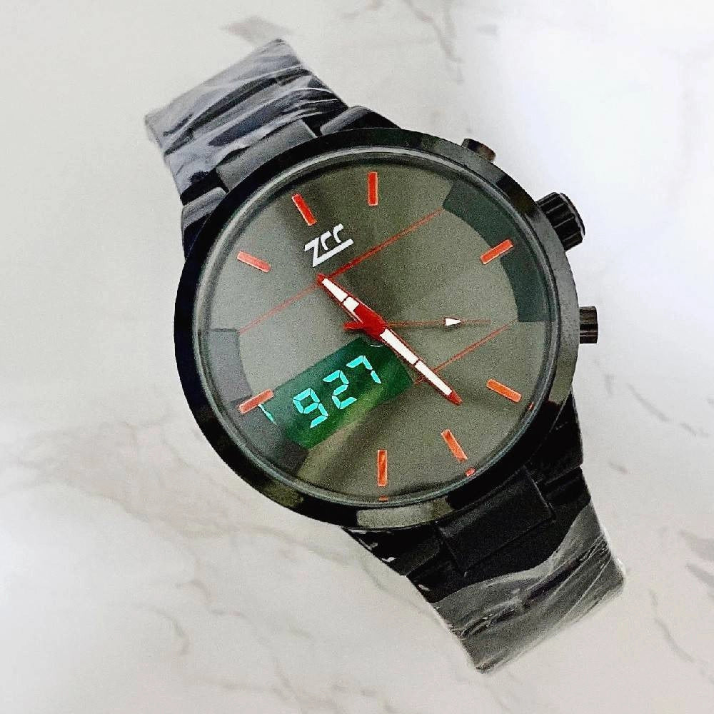 Trade Shop - Orologio Polso Zcc 7258 Uomo Quarzo Acciaio Dual Time Nero Quadrante Nero Rosso -