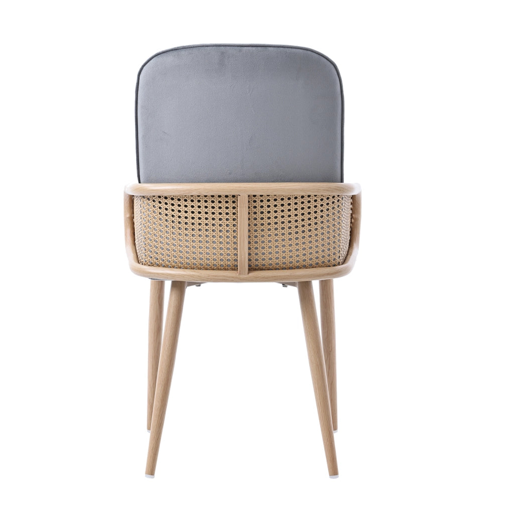 2 Sedie da Pranzo con Schienale Effetto Rattan; Gambe in Metallo e Stile Naturale; Velluto; Grigio