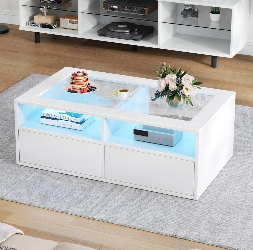 Complemento d’arredo moderno con piano in vetro, LED e pratico spazio contenitivo