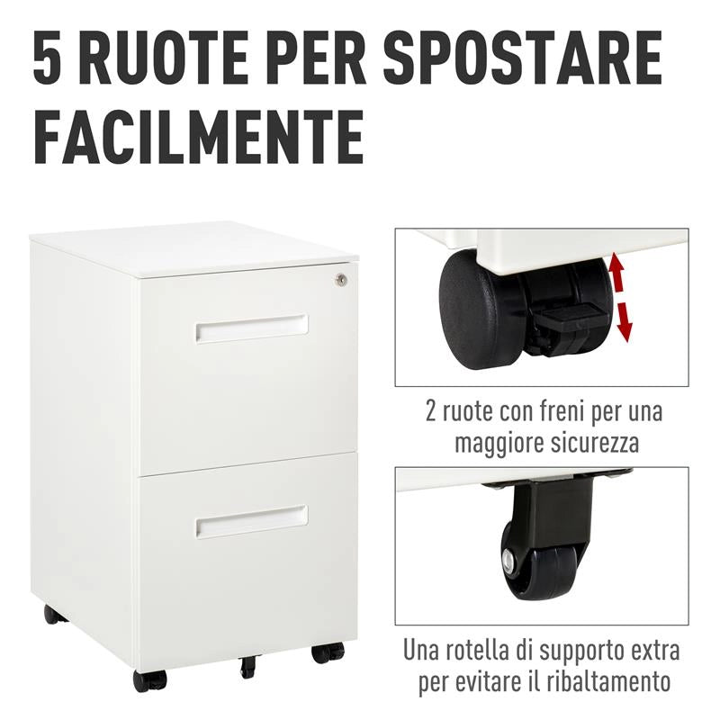 CASSETTIERA DA UFFICIO IN ACCIAIO CON RUOTE, SCHEDARIO PORTADOCUMENTI 2 CASSETTI E SERRATURA 39X48X67CM, BIANCO