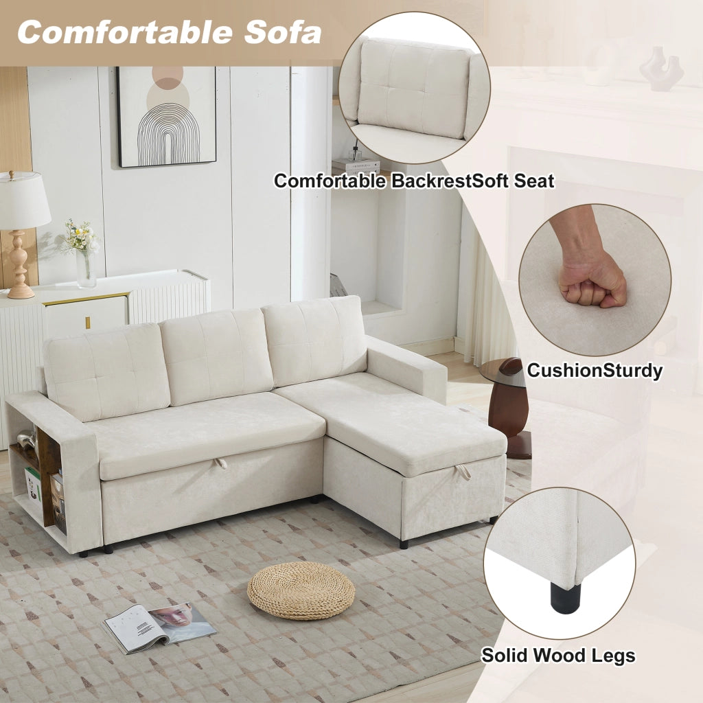 Divano ad angolo con contenitore e chaise longue reversibile in chenille beige per soggiorno 202 × 136 × 85 cm