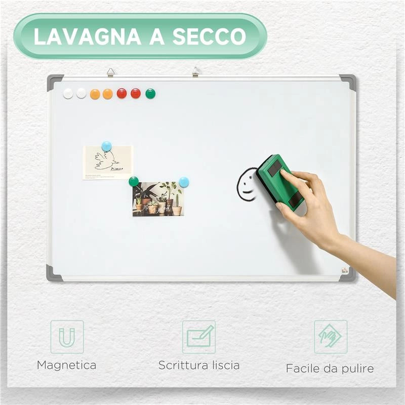 LAVAGNA MAGNETICA DA PARETE CON GOMMA, PENNARELLI E MAGNETI, IN ALLUMINIO, 60X1.8X45 CM, BIANCO