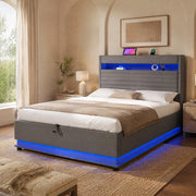 Letto imbottito ULEVR 140x200 cm con contenitore idraulico, LED, USB e Type-C, lino grigio