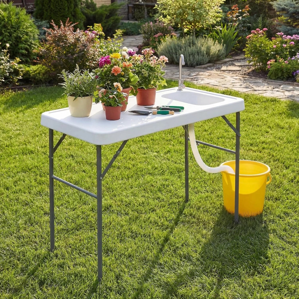 Tavolo da Campeggio con Rubinetto e Lavandino, 104 x 59 cm, Tavolo Pieghevole e Portatile per Lavaggio e Preparazione di Cibi, Pesca e Verdure, per Picnic, Spiaggia, Cortile e Giardino