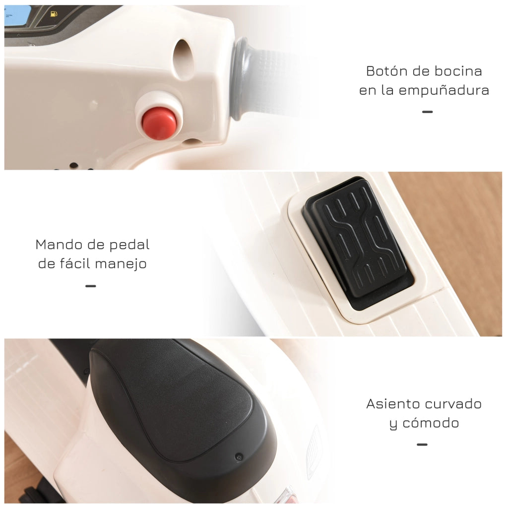 Moto Elettrica Vespa per Bambini con Faro e Clacson ¨C Xylo ¨C Bianco 66,5x38x52 cm