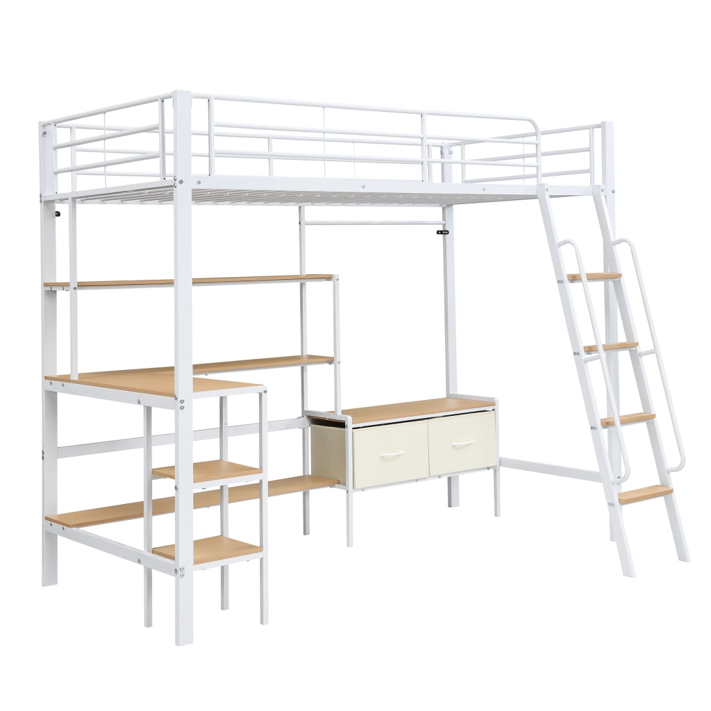 Letto a soppalco in ferro e MDF 90x200 cm con scrivania, 2 box in tessuto e scaffale, bianco naturale