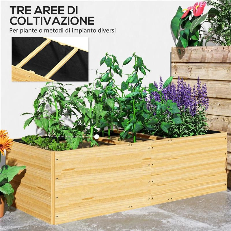 FIORIERA DA ESTERNO IN LEGNO DI ABETE DIVISA IN 3 AREE CON STRATO IN TESSUTO NON TESSUTO 140X60X40 CM