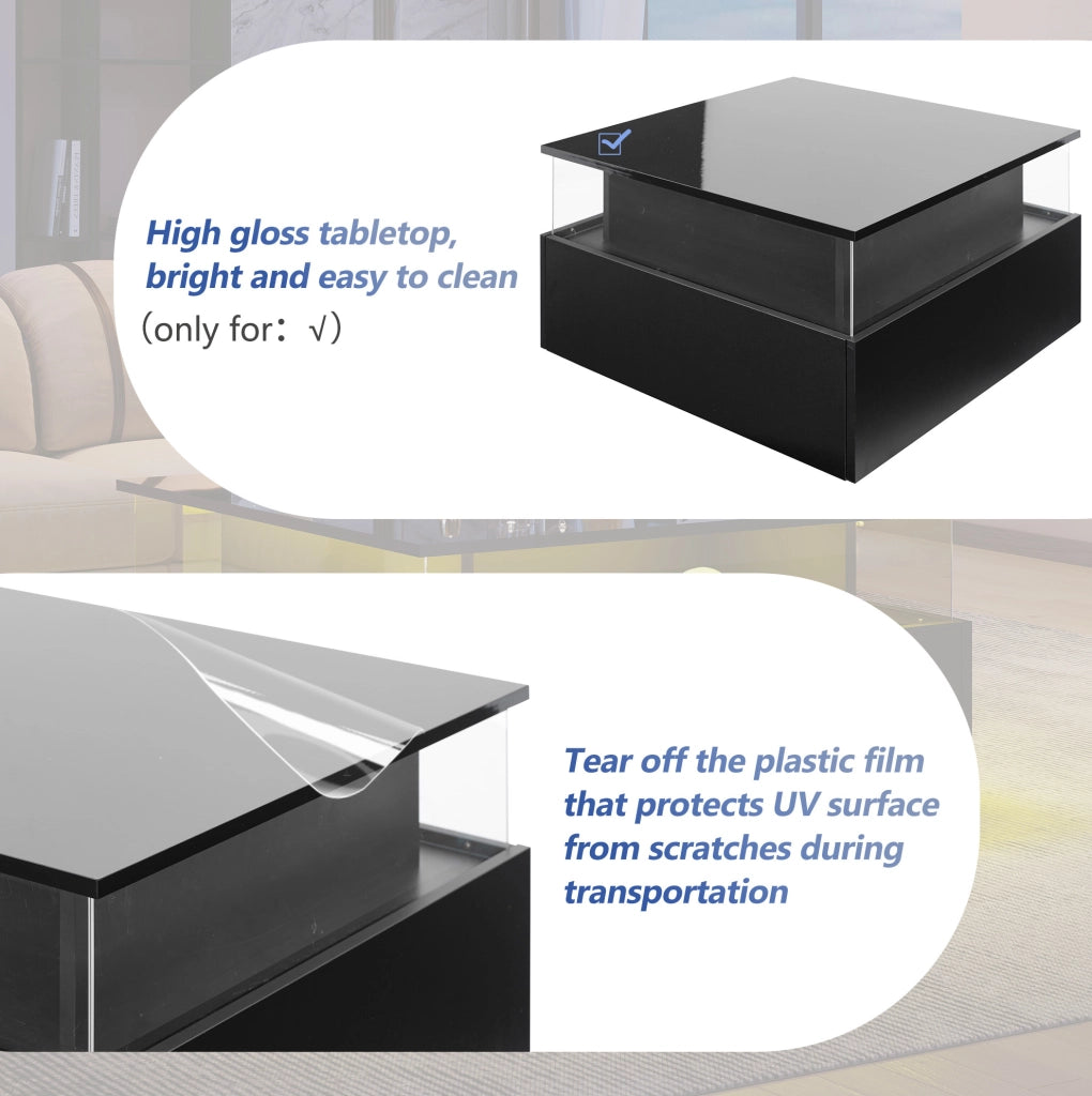 Tavolino da salotto moderno 70x70x41 cm nero in truciolare con LED; 2 cassetti e vano trasparente