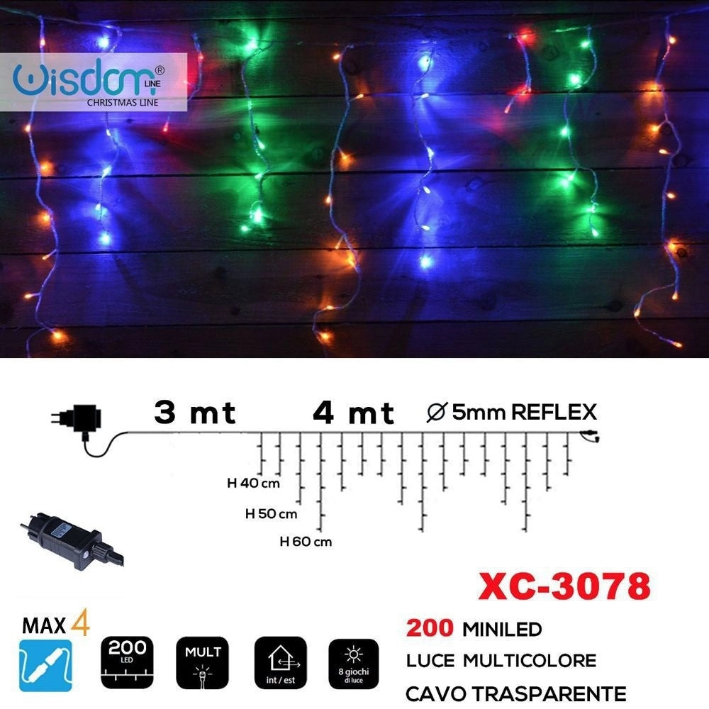 Trade Shop - Tenda Luminosa Natalizia 200 Miniled Luce Multicolore Cavo Trasparente Xc-3078 -