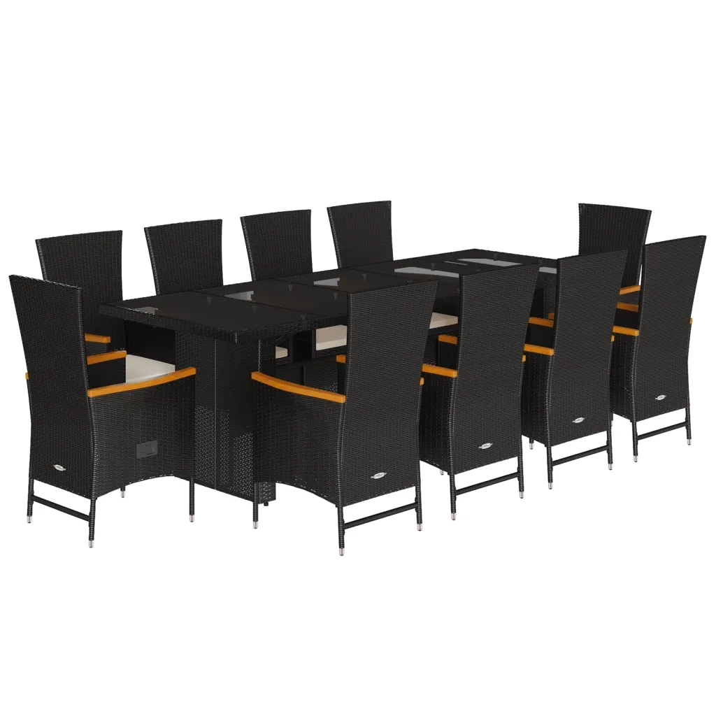 Set da Pranzo da Giardino 11 pz con Cuscini in Polyrattan Nero