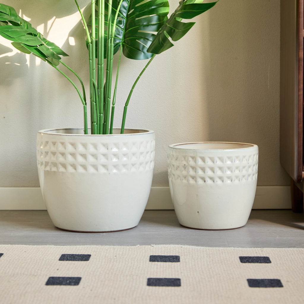 Fioriera a più livelli set di 3 vasi in ceramica con rilievo a nido d'ape per interno e balcone bianco crema