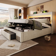 Letto imbottito 140x200 cm con vano idraulico; cassetto; LED; USB e USB-C; lino beige