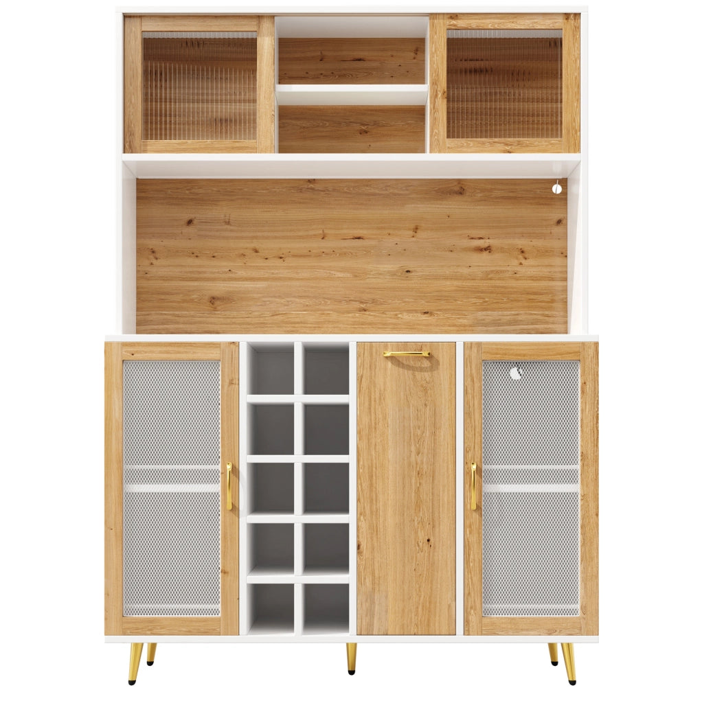 Credenza con illuminazione LED; portabottiglie e presa integrata in MDF bianco e naturale