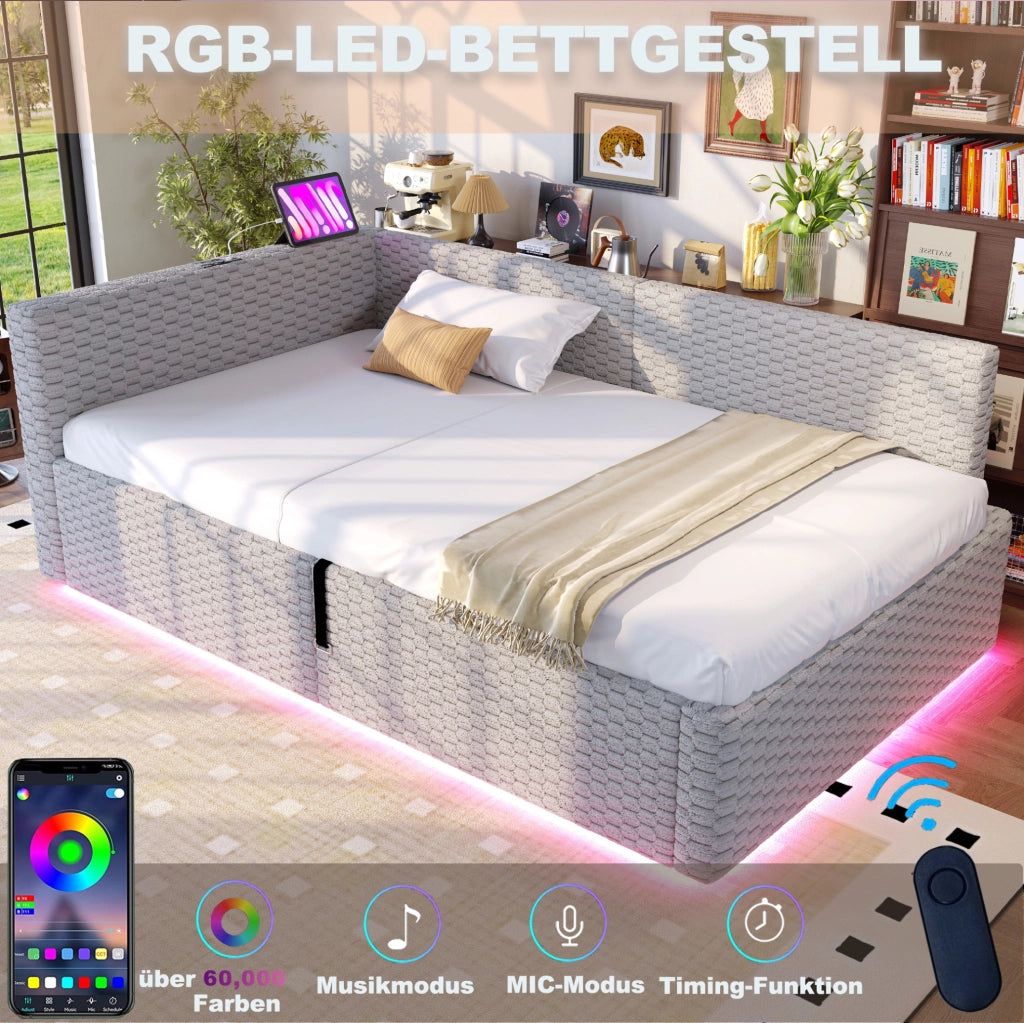 Letto imbottito 90x200 cm con LED, USB-C e vano contenitore grigio