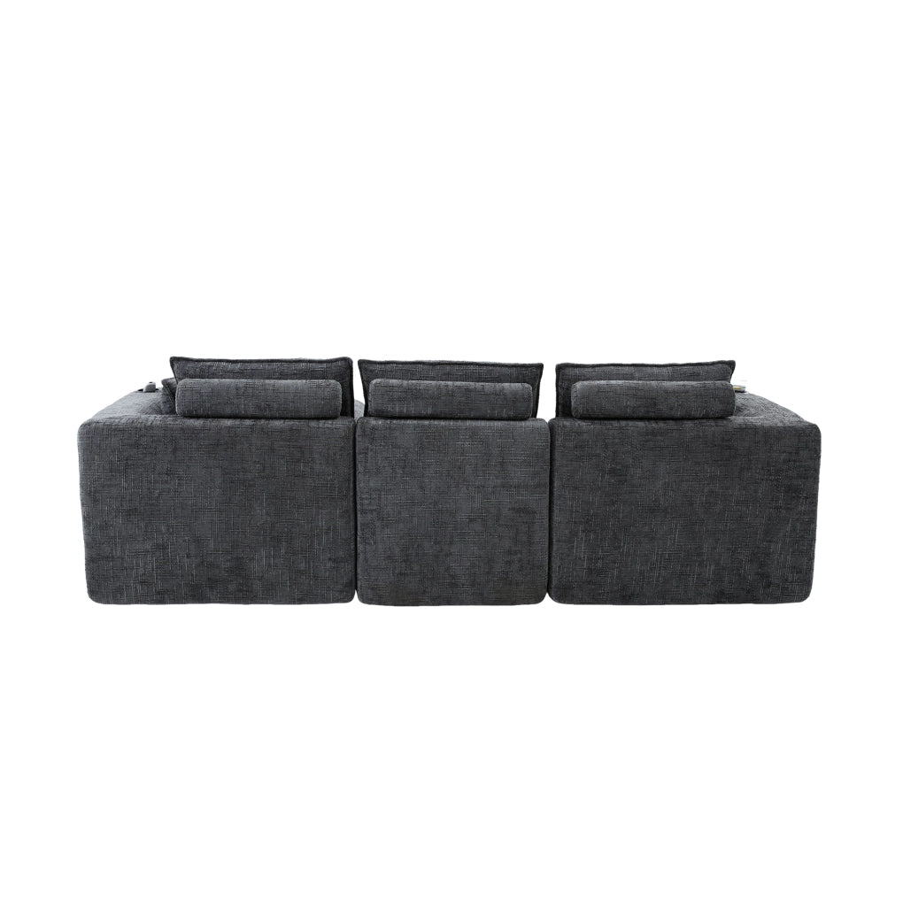 Divano modulare 3 posti in tessuto chenille grigio con pouf, cuscini, portabicchieri e tasche laterali