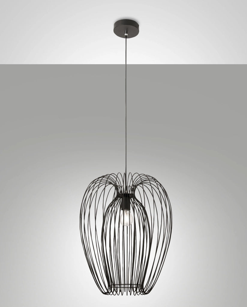 Lampada a sospensione Camp dal design industriale moderno, struttura in metallo, colore Nero, attacco E27, ideale per illuminazione d'interni.