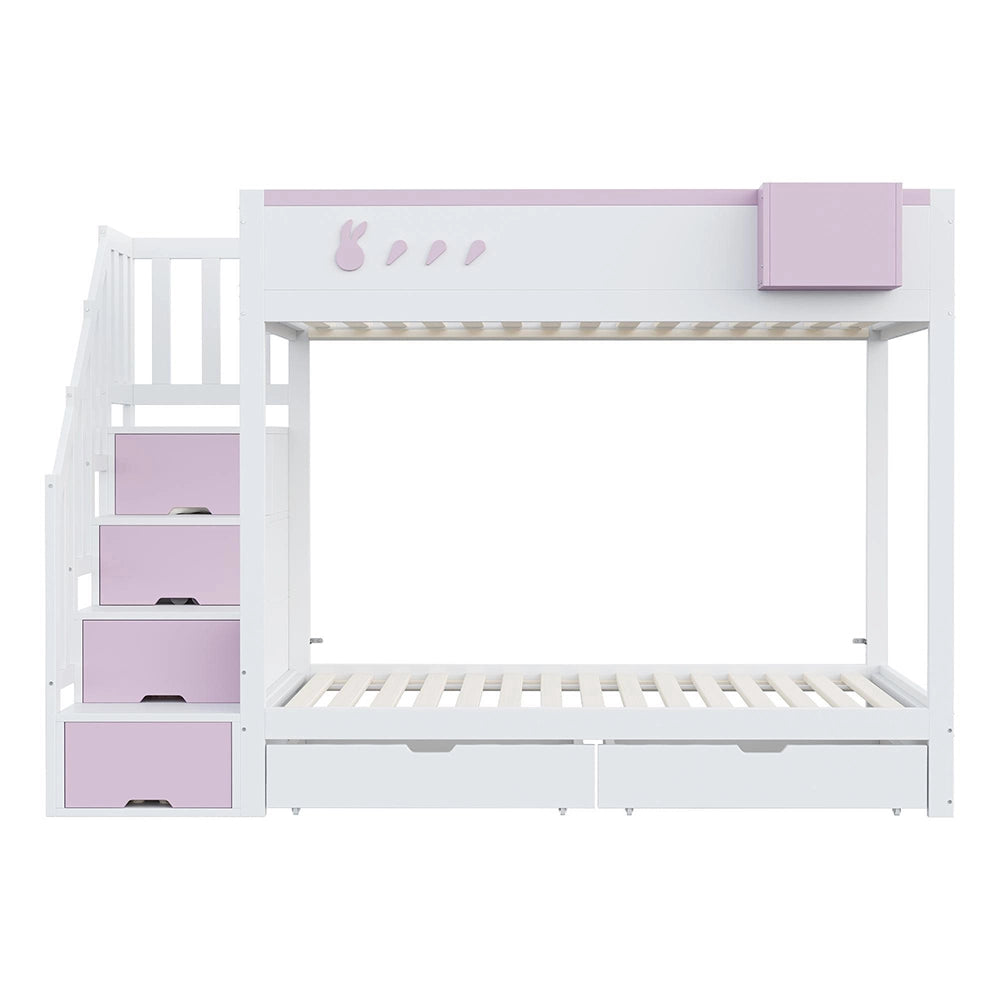 Letto a castello-Xylo-90x200cm, motivo conigli, cassetti, bianco+rosa